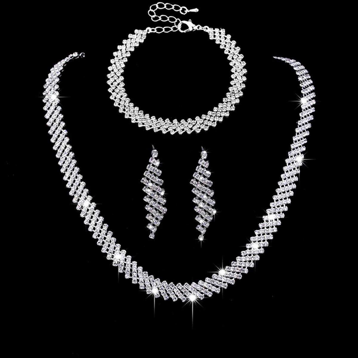 Colar, Brincos e Pulseira de Luxo com Cristais